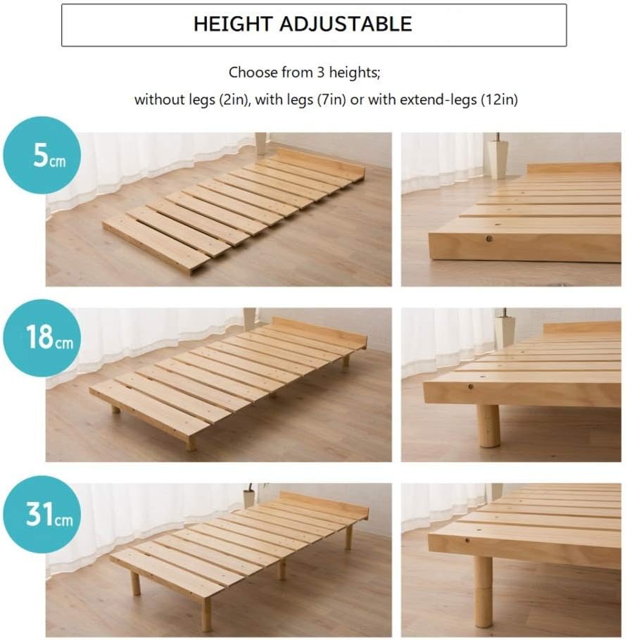 EMOOR Wood Slatted Floor Bed Frame OSMOS Twin for Japanese Futon Mattress Solid Pine (Earth-Natural), Height Adjustable (2/7/12in) Tatami Mat