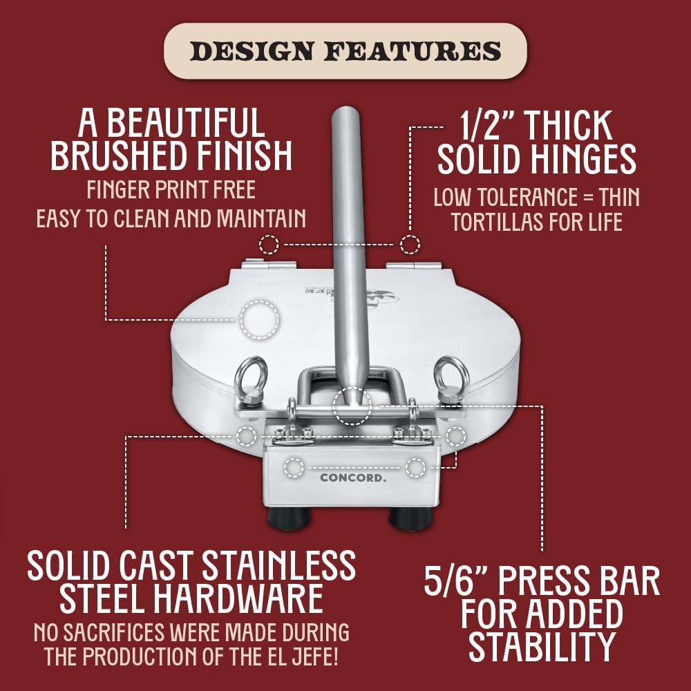 Concord 11' Stainless Steel EL JEFE Commercial Grade Tortilla Press. 2 Gauge Thickness, 18 LBS. Perfect Maker for Flour or Corn Tortillas, Quesadillas, Roti, and much more!