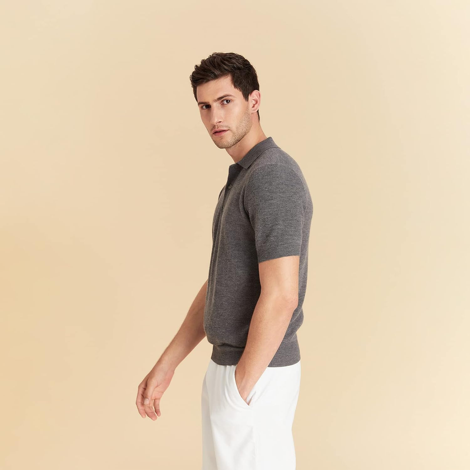 GreenMount Men's Merino Wool Polo Shirt Jacquard Short Sleeve Soft Light Weight