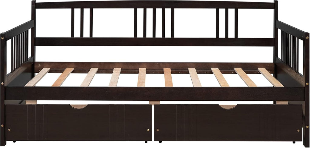 Merax Daybed Bed Wooden Slats Support Modern Living Daybed with Rails (Twin with Drawers, Espresso)