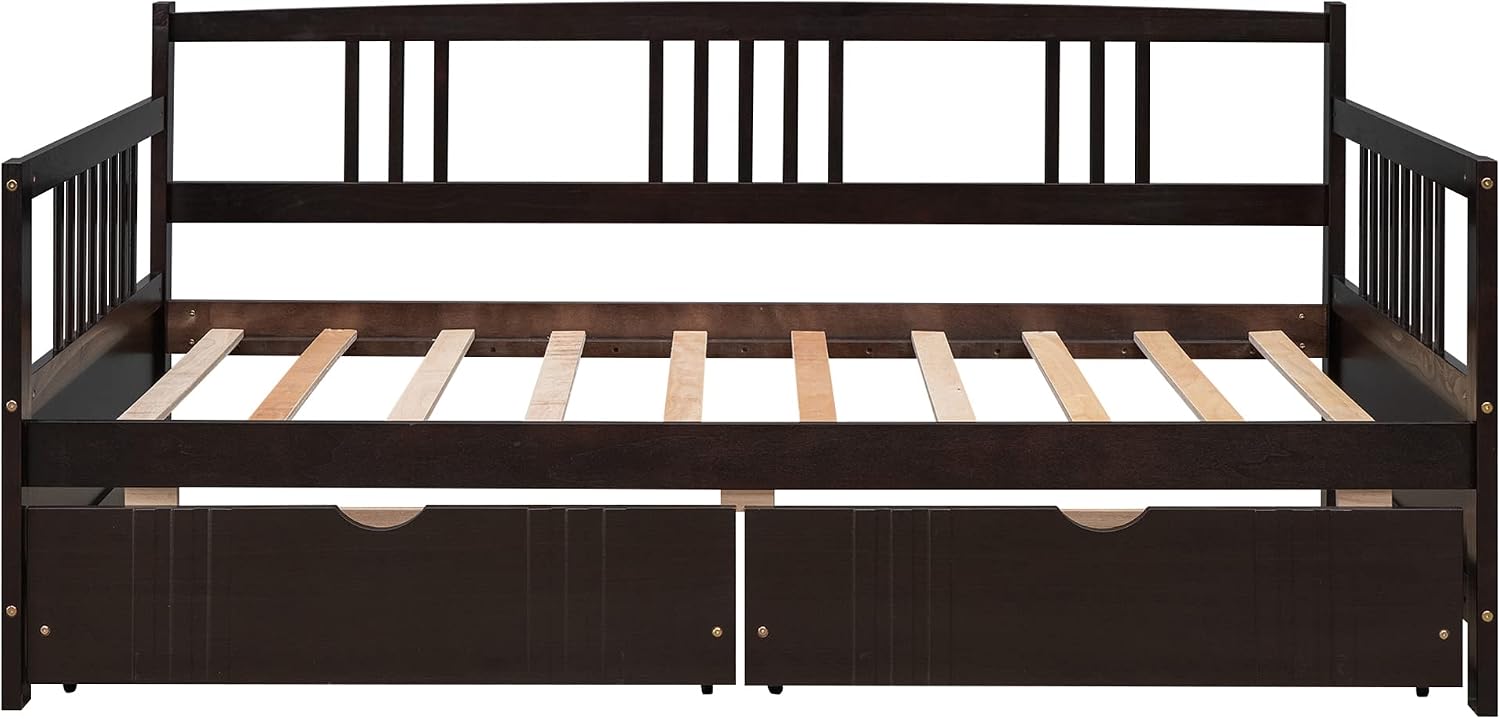 Merax Daybed Bed Wooden Slats Support Modern Living Daybed with Rails (Twin with Drawers, Espresso)