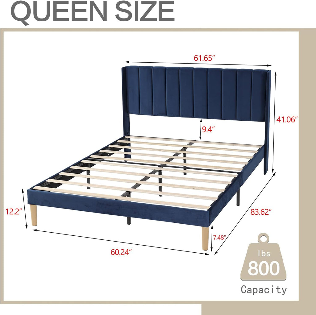 AGARTT Upholstered Platform Bed Frame Queen Size with Headboard and Footboard/Wooden Slats Support/No Box Spring Needed/Easy Assembly,Blue Velvet