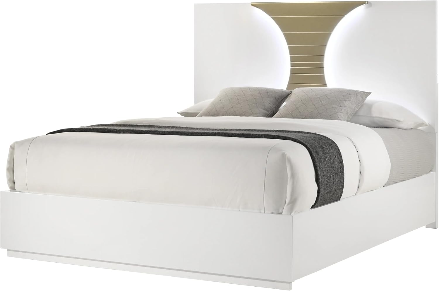 KB Designs – 5-Piece Bedroom Set with Bed LED Headboard, Dresser with Mirror, Chest and Nightstand, Modern White and Gold Finish, Queen Size Bed