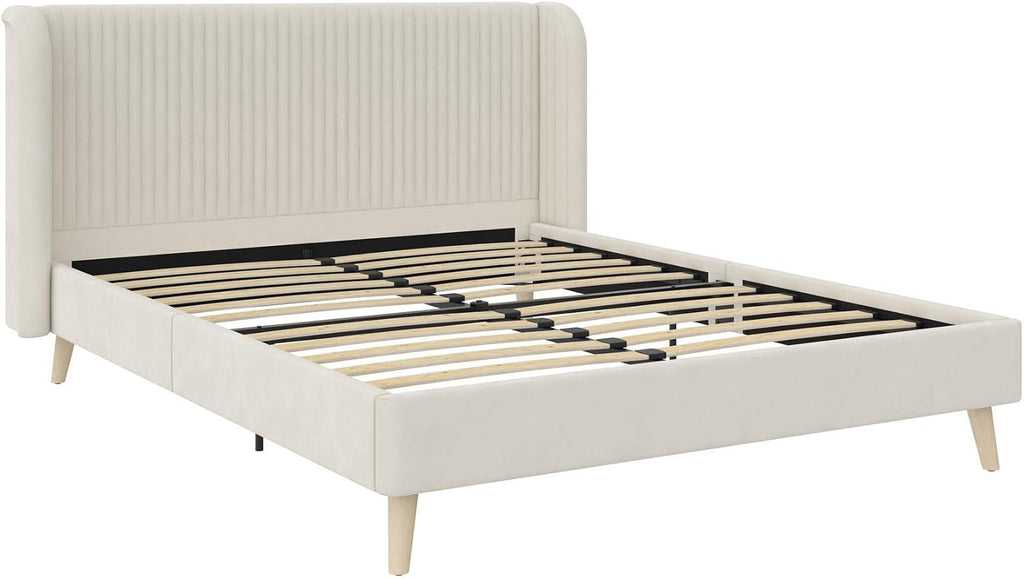Novogratz Holly Upholstered Wingback Bed Frame, Queen, Ivory Velvet