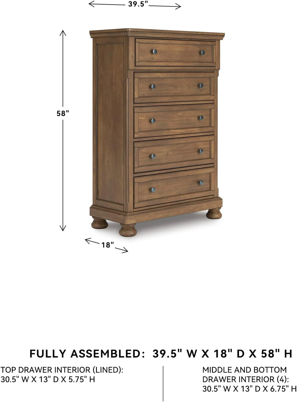 Signature Design by Ashley Glarrison Farmhouse 5-Drawer Chest with Felt-Lined Top Drawer and Easy Glide for Bedroom, Light Brown