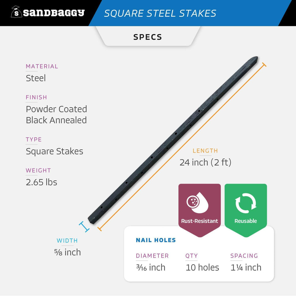 Sandbaggy 24' Square Steel Concrete Form Stakes with Nail Holes - 5/8' Wide - Rust Resistant Coating - Removable, Reusable - Construction Grade Stakes (24 inch, 300)