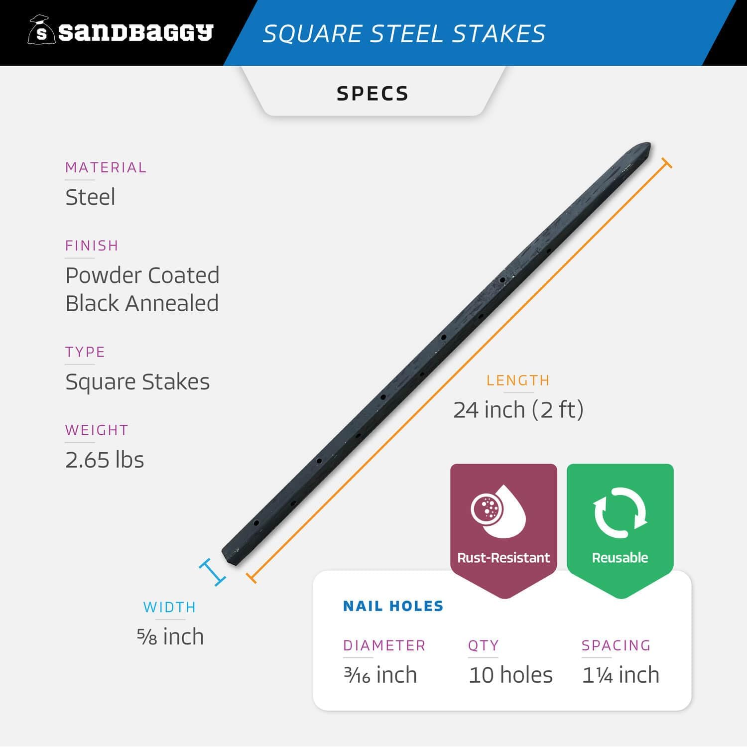 Sandbaggy 24' Square Steel Concrete Form Stakes with Nail Holes - 5/8' Wide - Rust Resistant Coating - Removable, Reusable - Construction Grade Stakes (24 inch, 300)