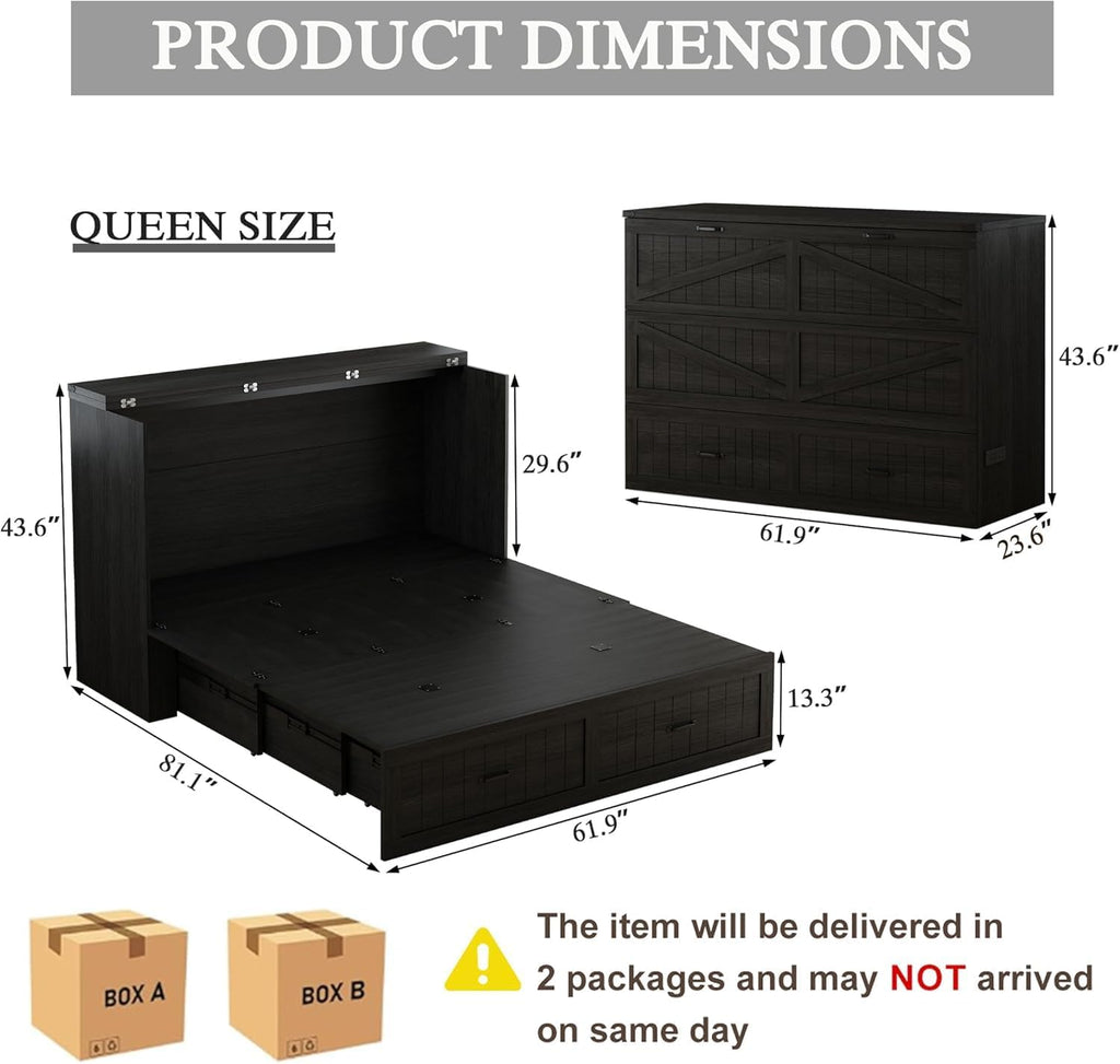 Queen Size Murphy Bed with Charging Station and Large Drawer, Farmhouse Cabinet Bed with Storage, Multifunctional Wood Hidden Folding Bed Frame for Bedroom, Black