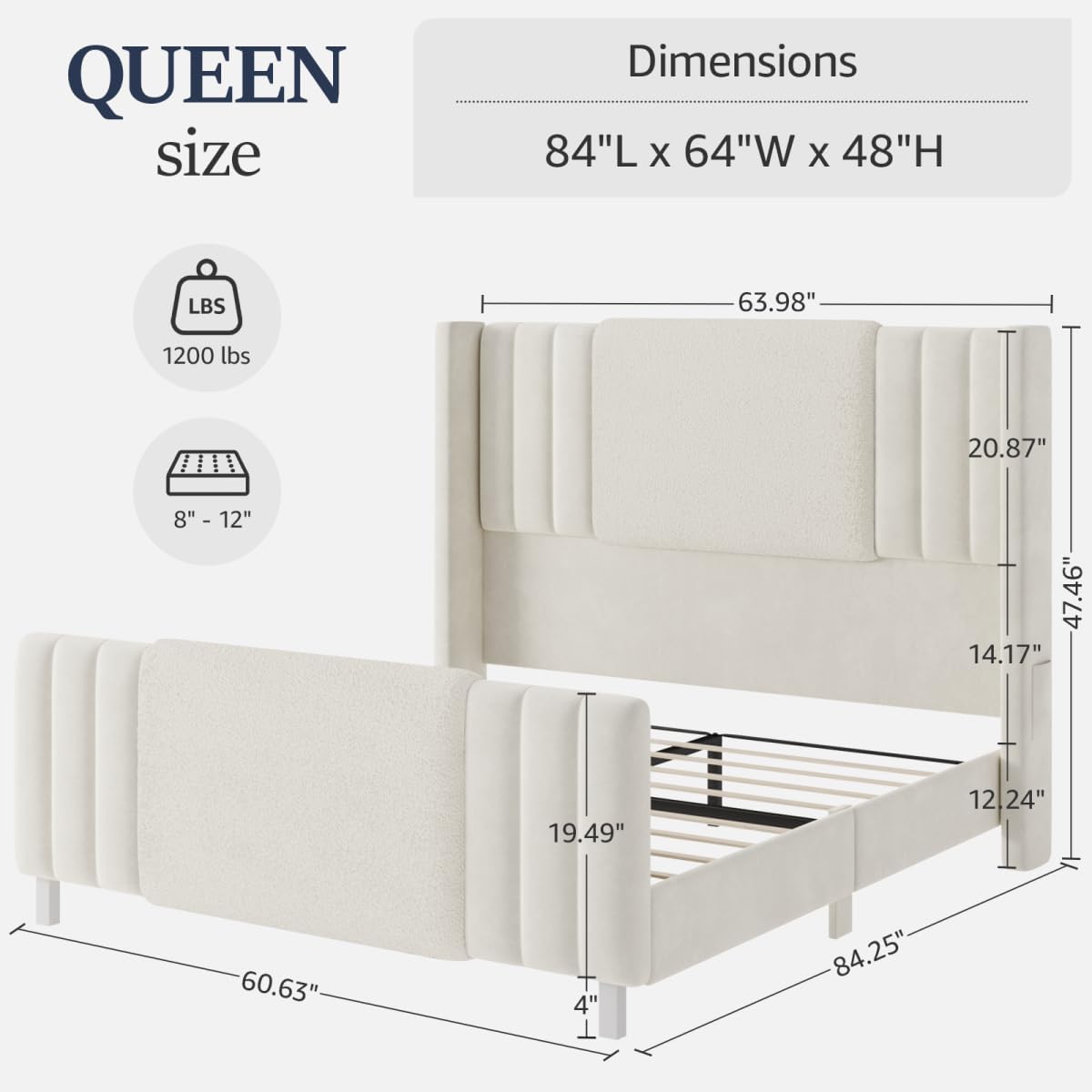 Lihimte Queen Size Bed Frame with Tall Headboard and Footboard, Boucle and Velvet Upholstered Bed Frame Queen with LED Lights, Modern Platform Bed Frames, Noiseless, Easy Assembly, White
