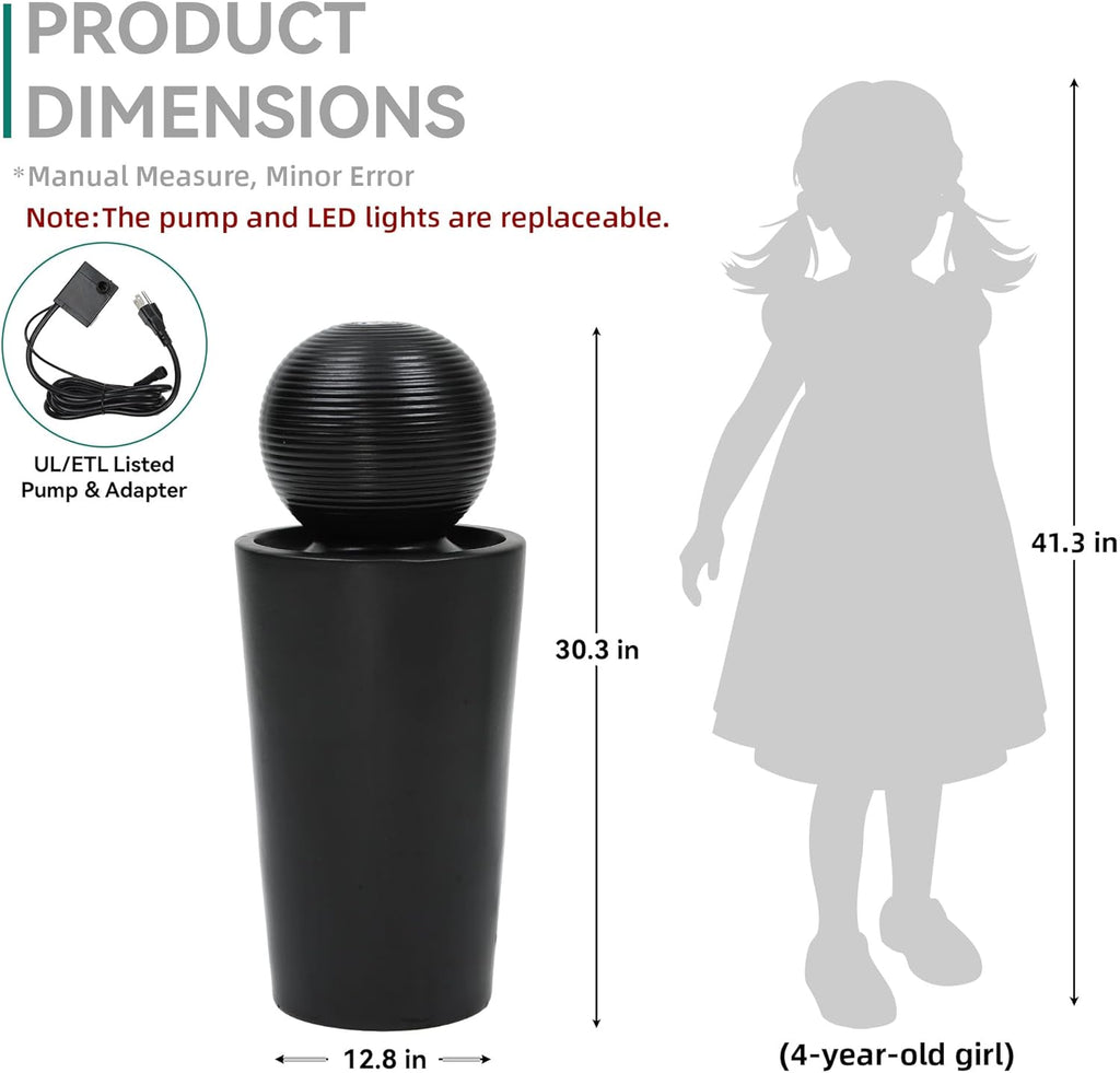 30' H Ceramic Sphere Water Fountain with LED Light, Modern Minimalist Design, Black Glaze with White Pebbles, Soothing Trickling Water Feature, Adding Artistic Charm & Tranquil Ambiance