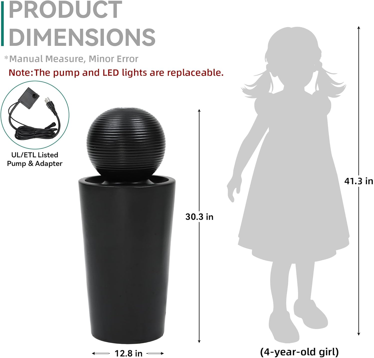 30' H Ceramic Sphere Water Fountain with LED Light, Modern Minimalist Design, Black Glaze with White Pebbles, Soothing Trickling Water Feature, Adding Artistic Charm & Tranquil Ambiance