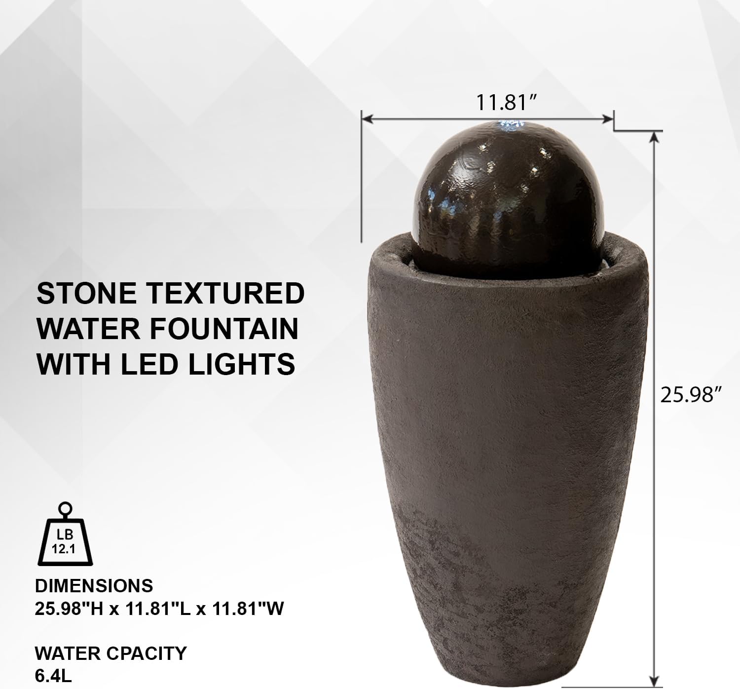 XBrand 25.98' H Round Stone Indoor/Outdoor Modern Stone Textured Sphere Water Fountain w/LED Lights, Zen Bubbling Ball Water Feature for Garden Patio Porch - Brown