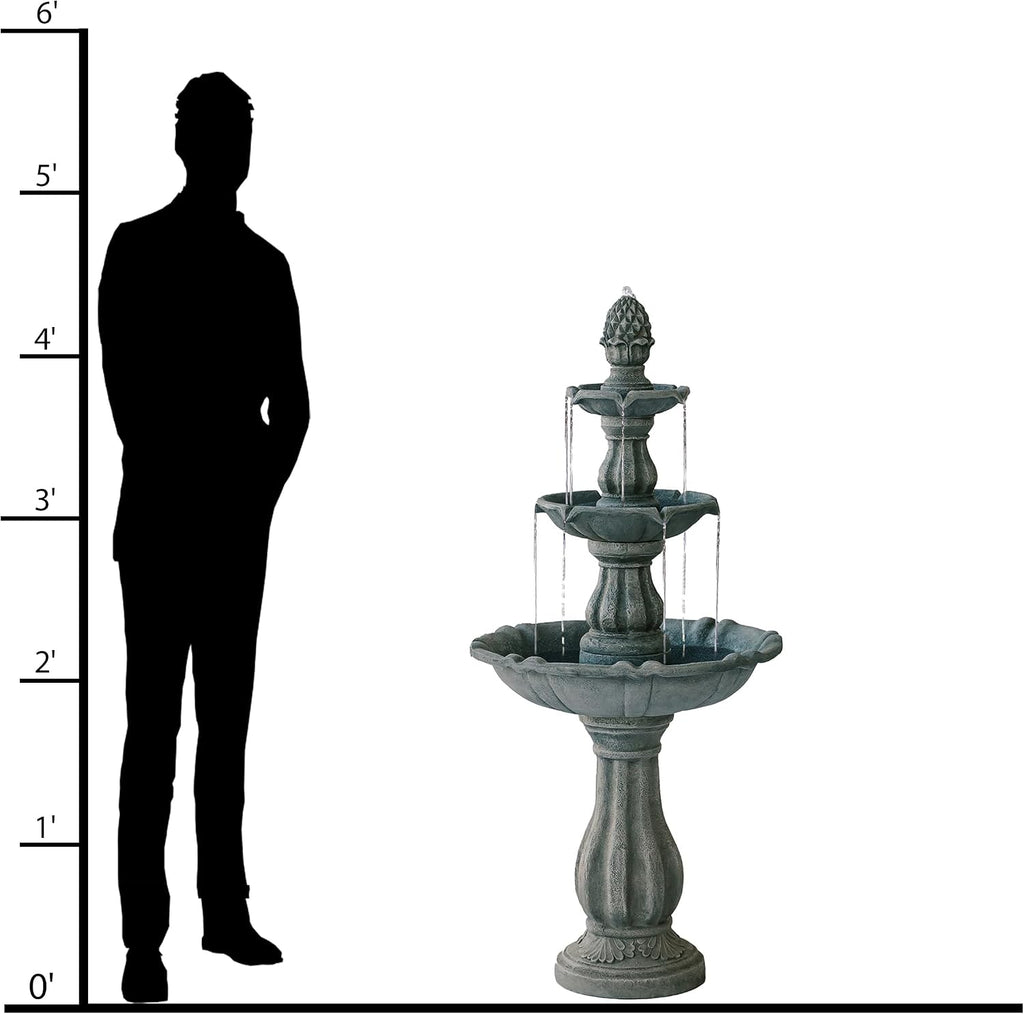 XBrand 51' 3-Tier Outdoor Freestanding Waterfall Fountain with Pump and Pineapple Finial, Gray