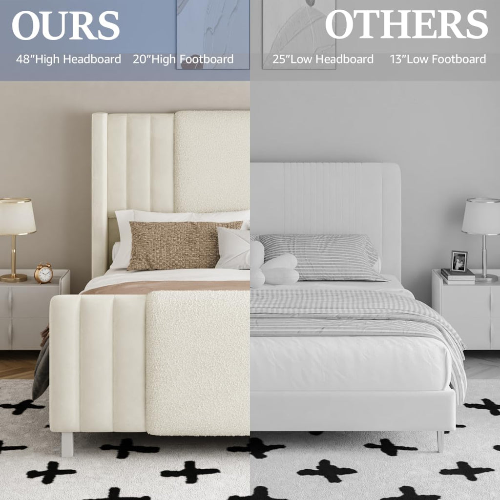 Lihimte Queen Size Bed Frame with Tall Headboard and Footboard, Boucle and Velvet Upholstered Bed Frame Queen with LED Lights, Modern Platform Bed Frames, Noiseless, Easy Assembly, White