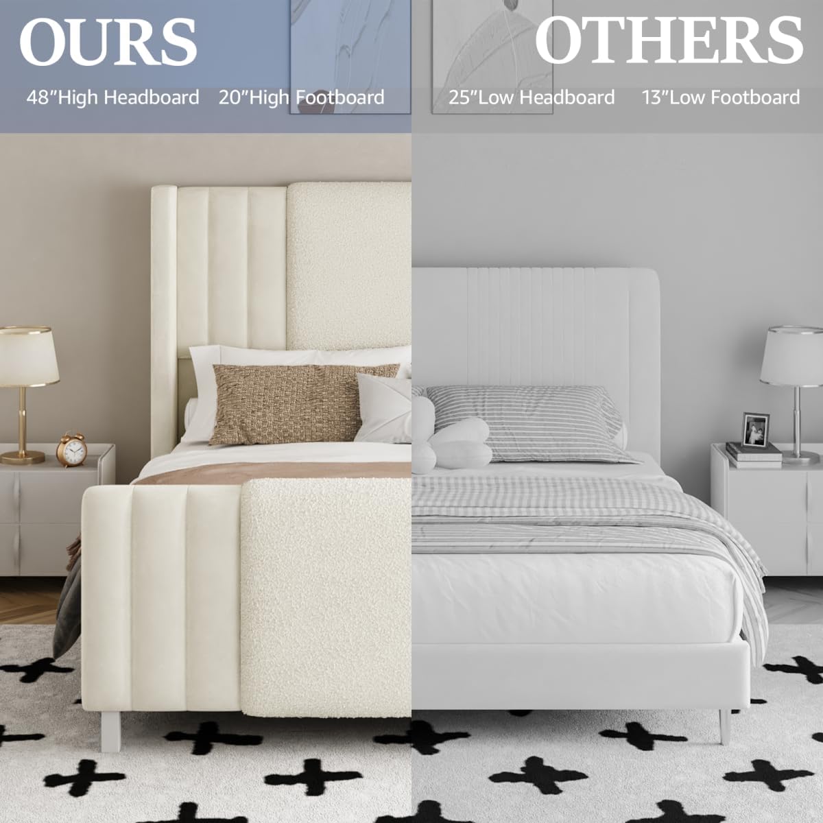 Lihimte Queen Size Bed Frame with Tall Headboard and Footboard, Boucle and Velvet Upholstered Bed Frame Queen with LED Lights, Modern Platform Bed Frames, Noiseless, Easy Assembly, White