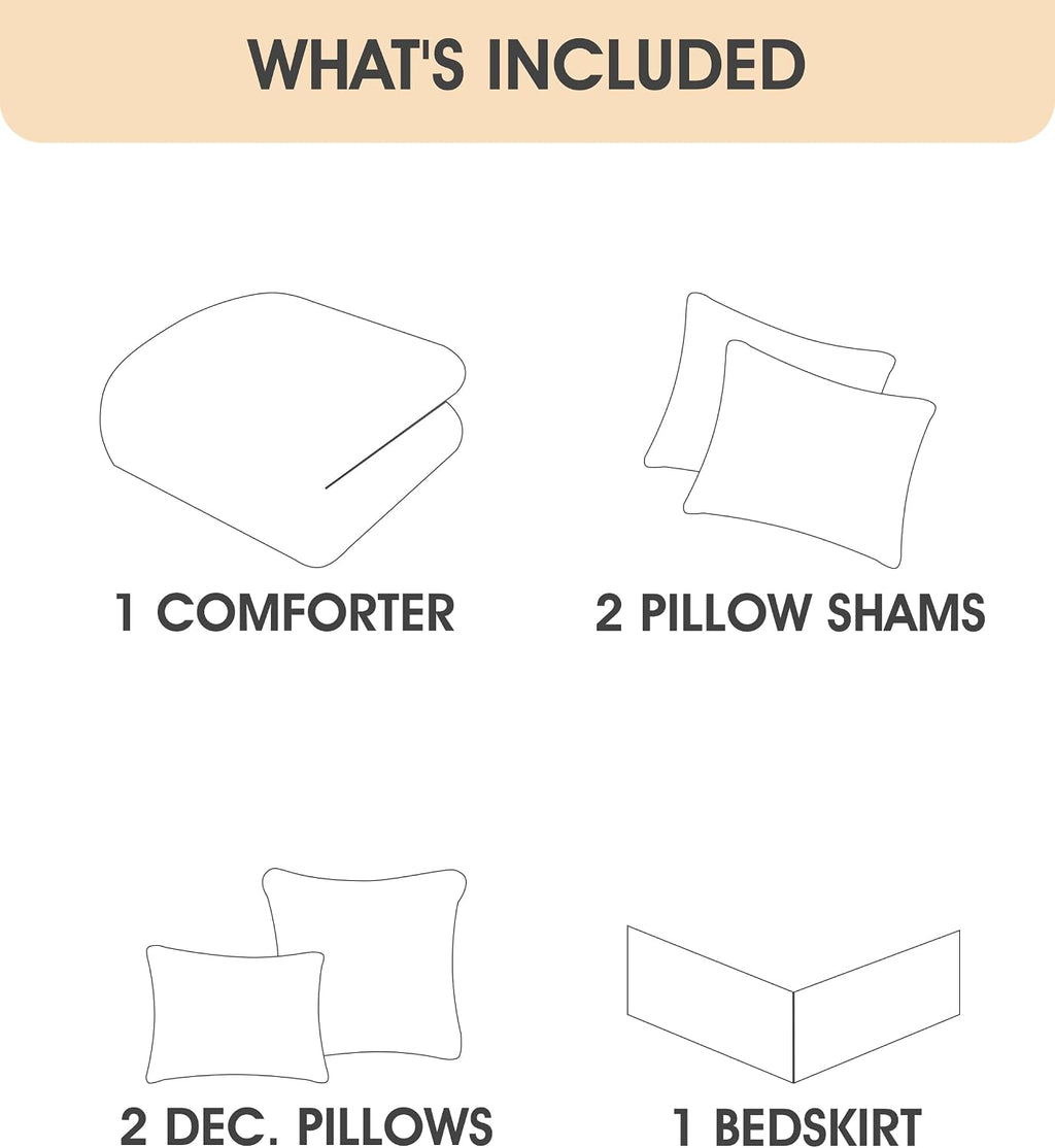 LANCO MODERN LIFESTYLE Cotton Comforter Set Queen, Gorgeous Geometric Jacquard, Beige Soft Lightweight Bedding Set for All Seasons, Bedskirt, Pillow Shams and Decor Pillows