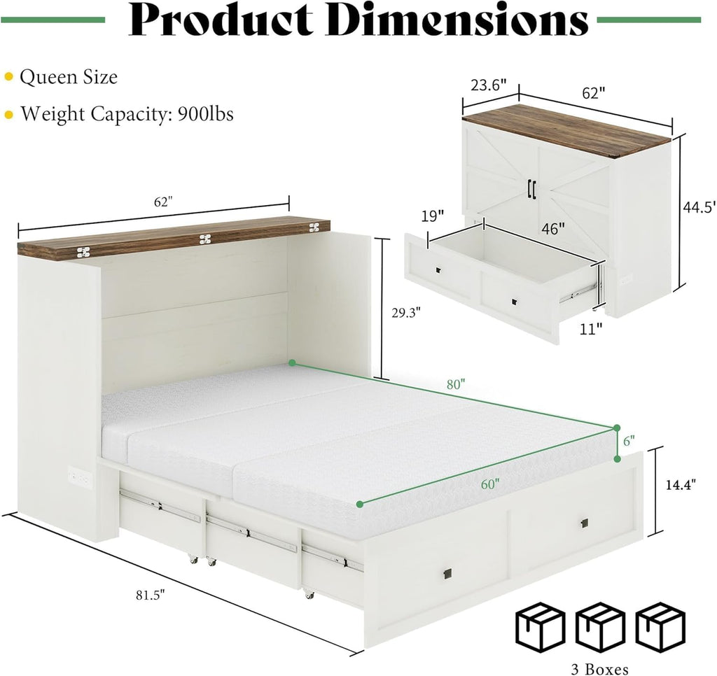 LUXOAK Queen Murphy Bed with 6' Tri-Fold Memory Foam Mattress, Storage Drawer & Charging Station, Space-Saving Design for Home Office or Guest Room, White