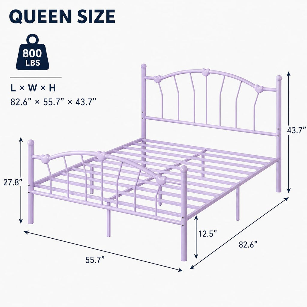 IMMERSTABLE Queen Bed Frame, Heart-Shaped Headboard Metal Platform Bed for Guest Room Bedroom, 12.5' Under Bed Storage, 800LBS Heavy Duty, Noise-Free, No Box Spring Needed, Easy Assembly, Purple