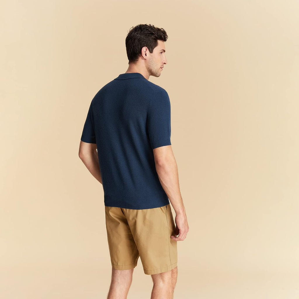 GreenMount Men's Merino Wool Polo Shirt Jacquard Short Sleeve Soft Light Weight