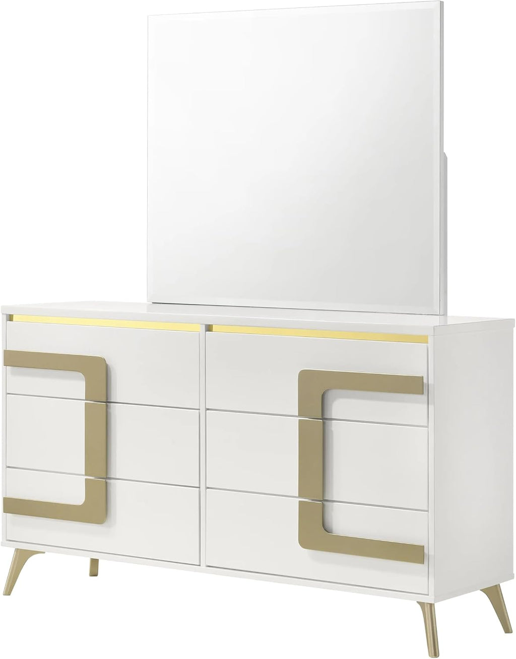 KB Designs – 5-Piece Bedroom Set with Bed LED Headboard, Dresser with Mirror, Chest and Nightstand, Modern White and Gold Finish, Queen Size Bed