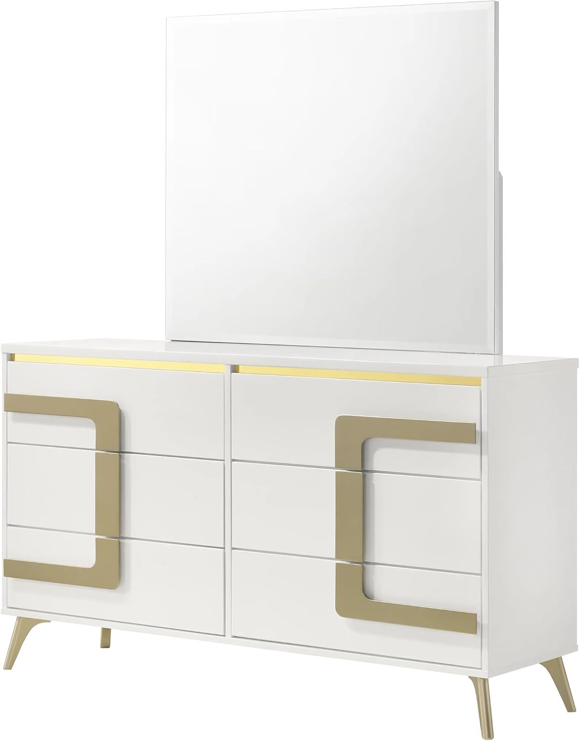 KB Designs – 5-Piece Bedroom Set with Bed LED Headboard, Dresser with Mirror, Chest and Nightstand, Modern White and Gold Finish, Queen Size Bed