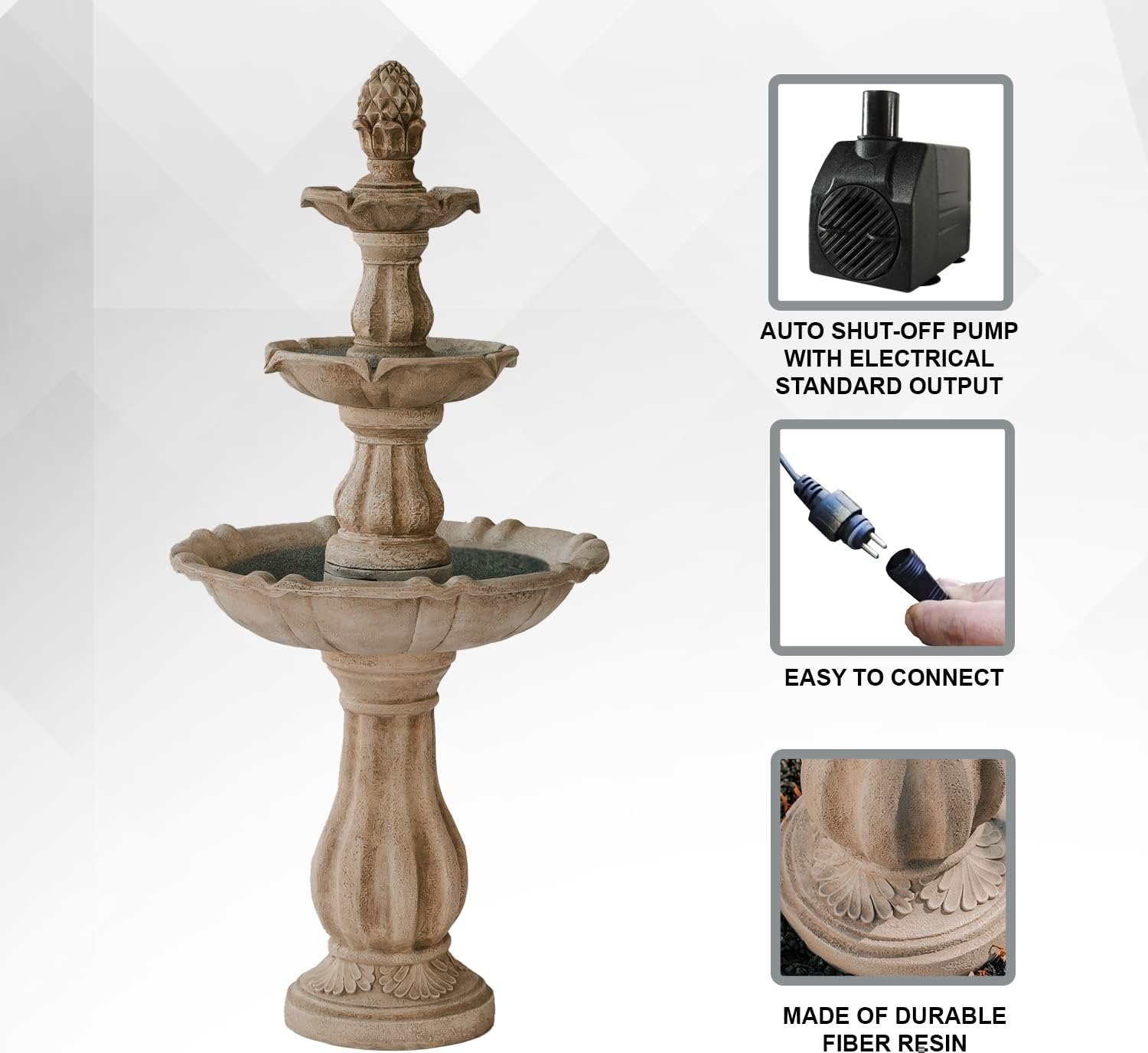 XBrand 51' 3-Tier Outdoor Freestanding Waterfall Fountain with Pump and Pineapple Finial, Beige