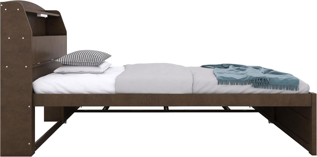 VilroCaz Modern Multi-Function Twin Size Platform Bed with Trundle and 3 Drawers, Wood Captain Platform Bed Frame with Storage Headboard and Night Light, Maximized Space
