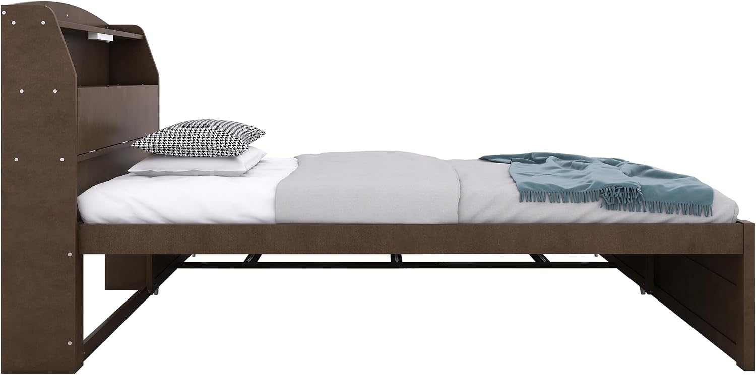 VilroCaz Modern Multi-Function Twin Size Platform Bed with Trundle and 3 Drawers, Wood Captain Platform Bed Frame with Storage Headboard and Night Light, Maximized Space