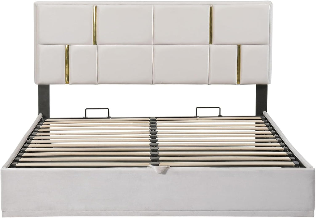2 Pieces Bedroom Sets, Queen Size Velvet Upholstered Platform Bed with Hydraulic Storage System and Gold Decoration, Storage Ottoman with Metal Legs, Modern Design (Beige)