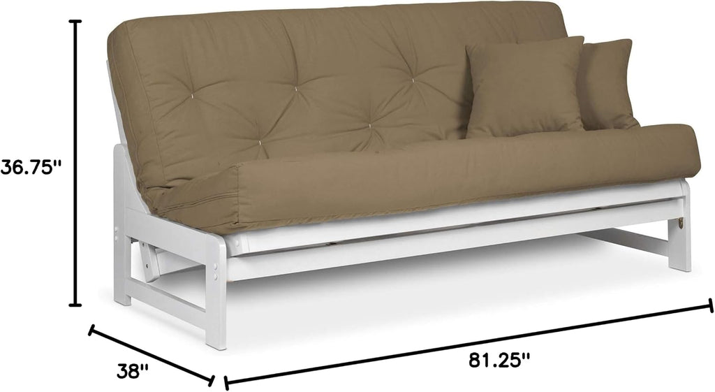 Nirvana Futons Arden White Futon Set Queen Size - Armless Futon Frame with Mattress (Microfiber Sussex Khaki), Space Saving Modern Sofa Bed Sleeper