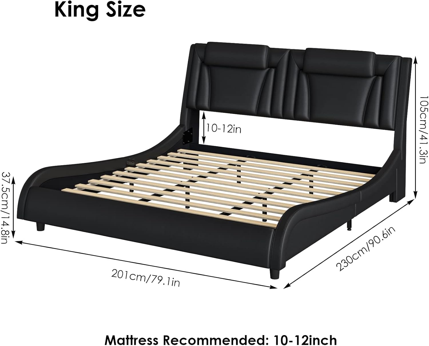 Keyluv King Size LED Bed Frame with Adjustable Headboard & Removable Pillow, PU Leather Upholstered Platform Bed, Wave-Like Curve Safety Design, Solid Wooden Slats Support, Easy Assembly, Black