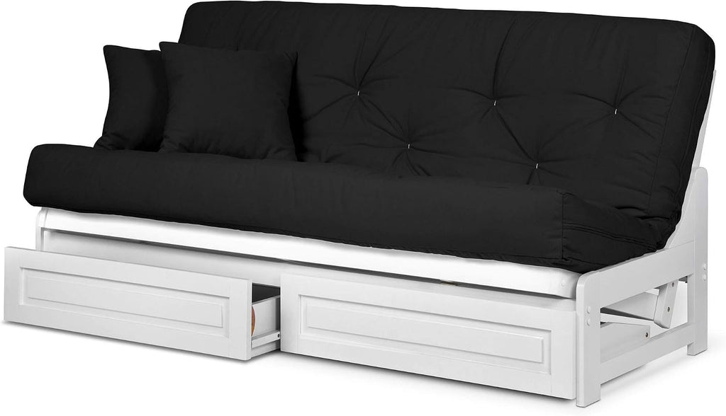 Nirvana Futons Arden White Futon with Storage Drawers Queen Size - Minimalist Armless Design with 8 Inch Comfortable Mattress (Twill Black), Sofa Bed Available in