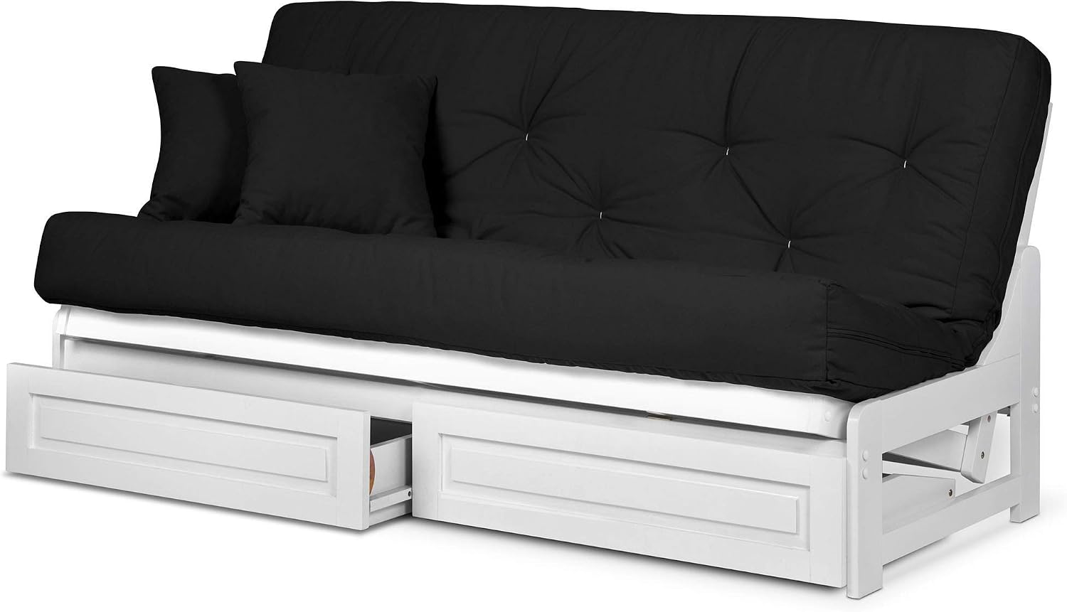 Nirvana Futons Arden White Futon with Storage Drawers Queen Size - Minimalist Armless Design with 8 Inch Comfortable Mattress (Twill Black), Sofa Bed Available in