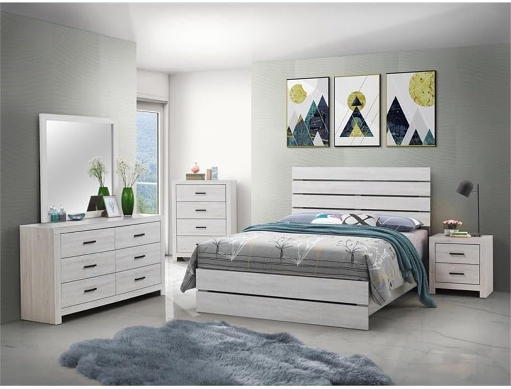 Pemberly Row 5-Piece Queen Panel Bedroom Set, Coastal White Finish, Includes Bed, Nightstand, Dresser, Mirror, Chest, Asian Tropical Wood, Rustic Style, Vertical Paneling, Brushed Nickel Hardware