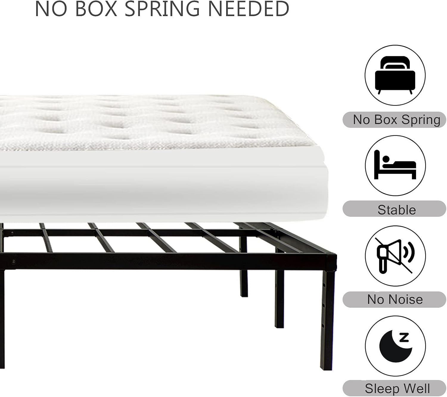 Wulanos Queen Size Bed Frame 18 inch Tall, 3500lbs Heavy Duty Metal Platform with Steel Slats Support, No Box Spring Needed, 18-inch Bedframe with Ample Storage, Sturdy and Noise-Free, Black
