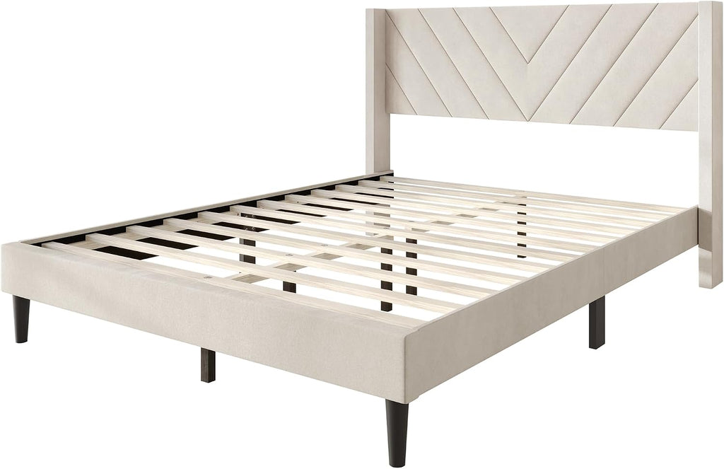 Queen Platform Bed Frame with Chevron-Stitched Wingback Headboard, Velvet Upholstery, No Box Spring Needed, Easy Assembly, Beige