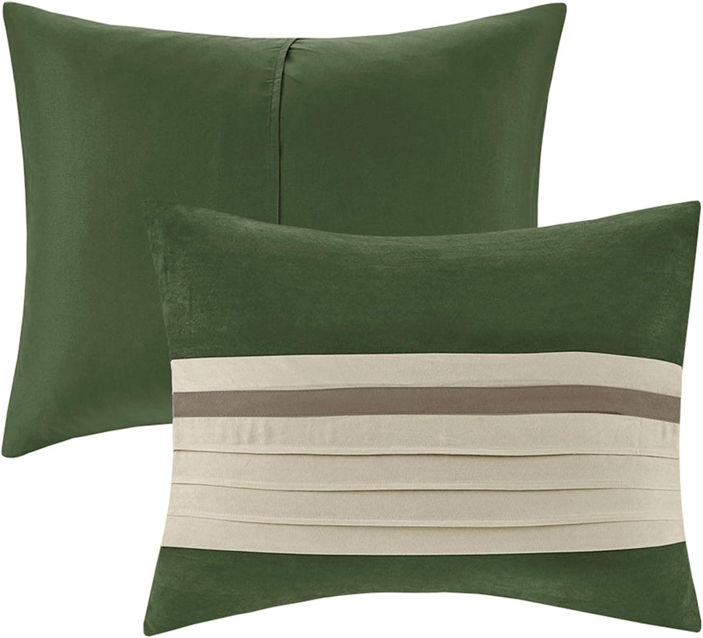 Madison Park Cozy Comforter Set-Luxury Faux Suede Design, Striped Accent, All Season Down Alternative Bedding, Matching Shams, Decorative Pillow, Green, California King (104 in x 92 in)