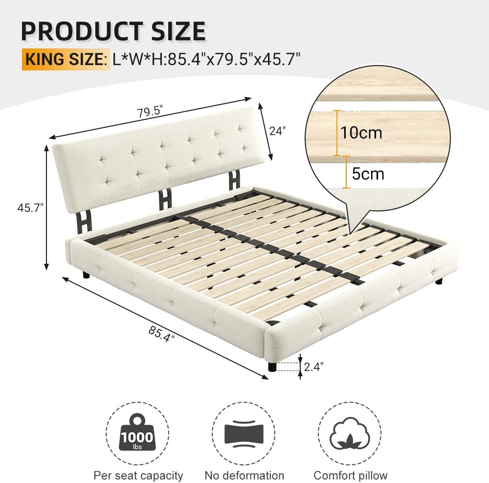 King Size Platform Bed Frame, Tufted Headboard with Extra-Large Ultra-Soft Cloud Pillow Design, Chenille Platform Bed with Metal and Wooden Slats Double Support, No Box Spring Needed (Beige-King,7)