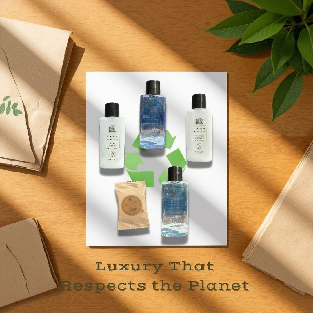 Victor and N-Recycled Guest Toiletries Set, 150 Count Travel Size Shampoo, Conditioner, Shower Gel, Lotion and Soap for Airbnb, Hotels and Vacation Rentals