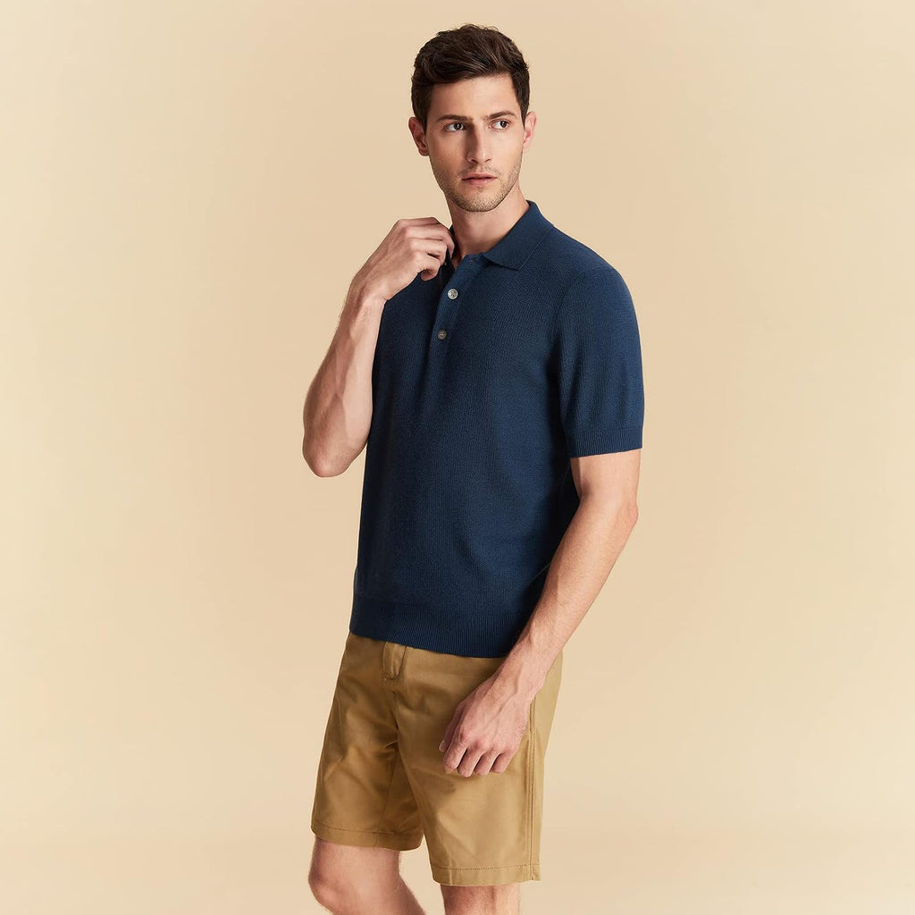 GreenMount Men's Merino Wool Polo Shirt Jacquard Short Sleeve Soft Light Weight