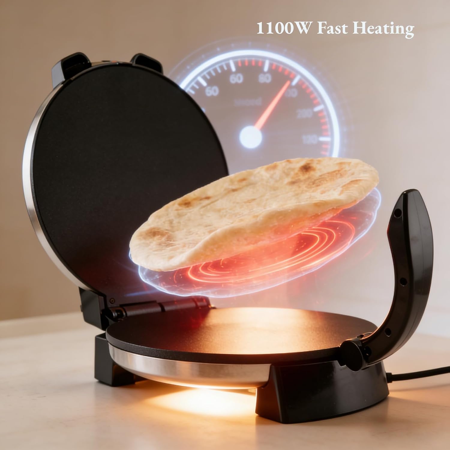 Mumusuki 10in Electric Tortilla Maker, Knob Temperature Control Non Stick Roti Maker with Stainless Steel Cover for Home Shop Restaurant 110V US Plug