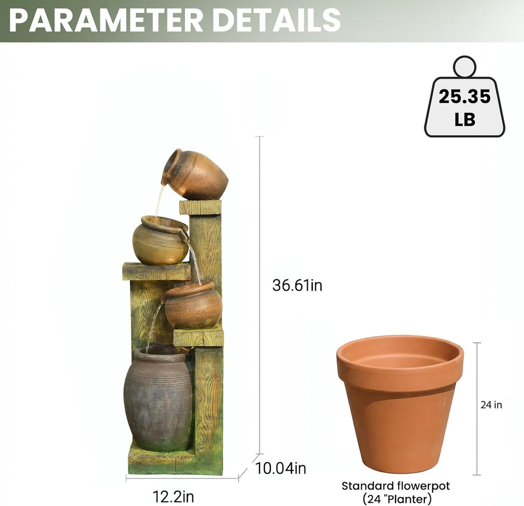 Outdoor Water Fountain with LED Lights, 4-Tier Cascading Waterfall Fountain, Rustic Wood Barrel Resin Outdoor Water Fountain for Garden Patio Backyard Porch Indoor Decor, 36.6' H