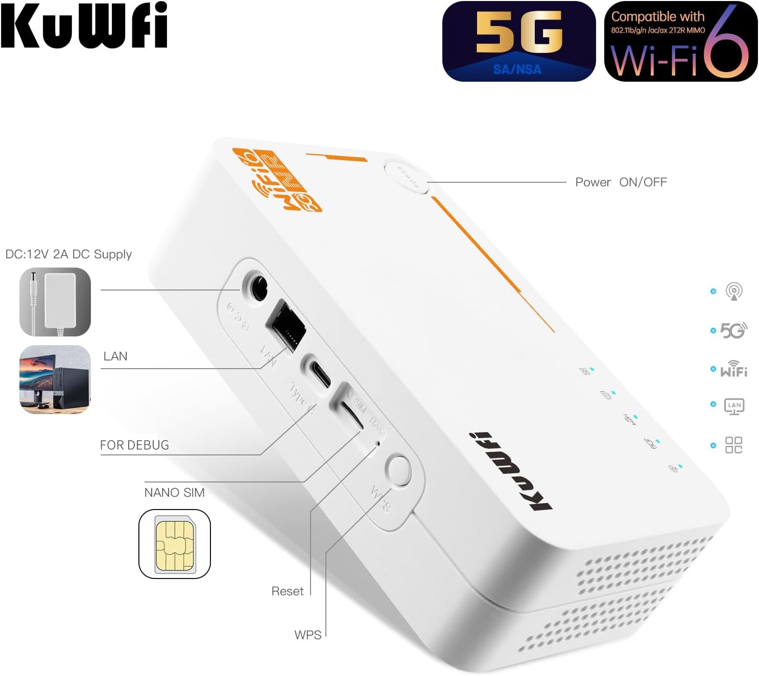 KuWFi 5g Router with sim Card Slot Unlocked,AX3600 WiFi-6 Modem with Sim Card Slot,NR NSA/SA 5G NR SA NSA AX3000 WiFi 6 CPE Router with Battery use for Outdoor and Indoor
