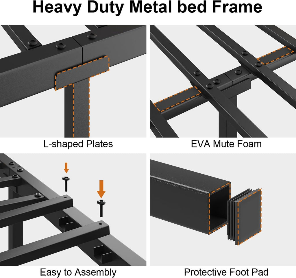 LoVinson King Size Bed Frame with Charging Station and LED Light, Metal Platform Bed with Storage Headboard, Noise Free, No Box Spring Needed, Easy Assembly, Grey