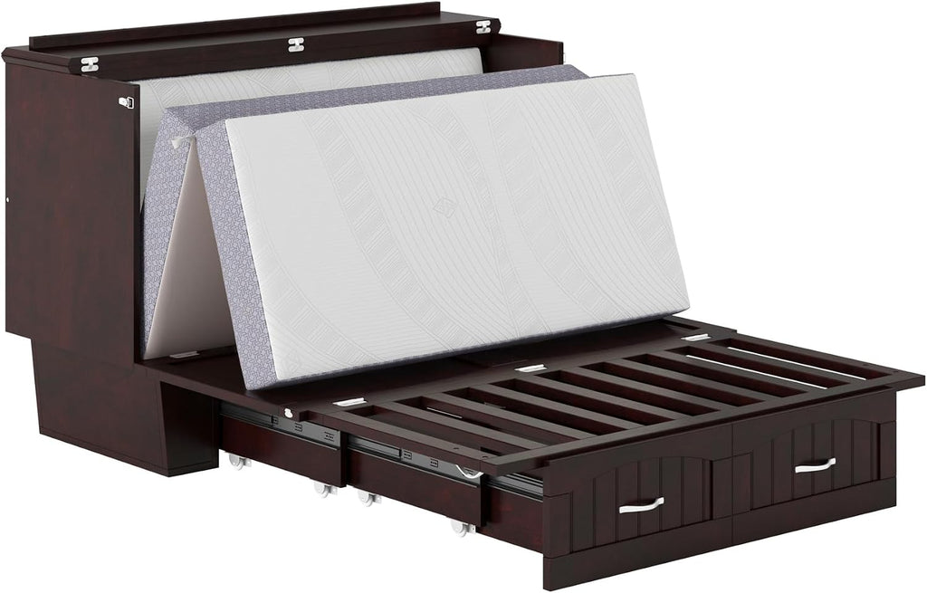 AFI, Nantucket Full Size Murphy Bed Chest with Mattress, Built-in Charging Station and Storage Drawer, Full, Espresso