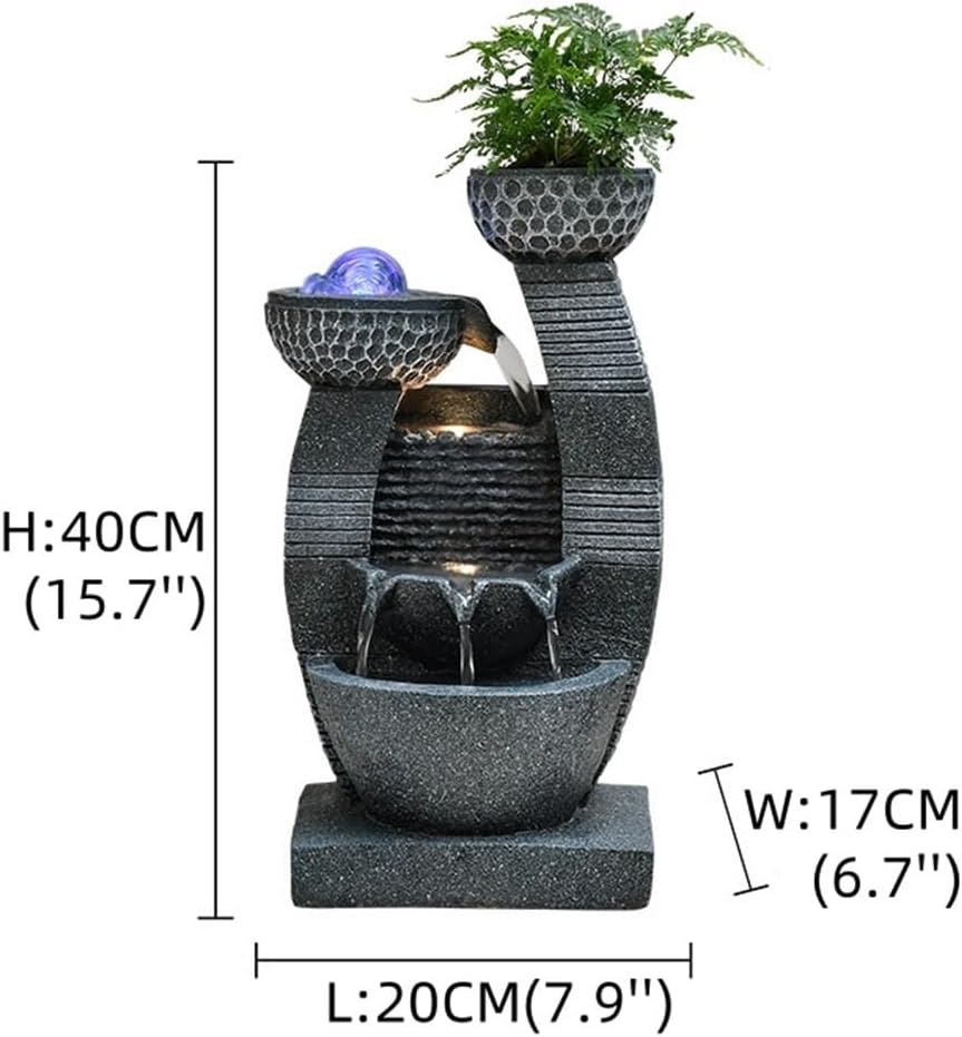 Indoor Fountain – Cascading Water Feature, Resin Fountains with LED Lights/Rolling Ball/Automatic Pump for Home, Decorative Tabletop Waterfall with Pot to Grow Plant by Yourself(B)