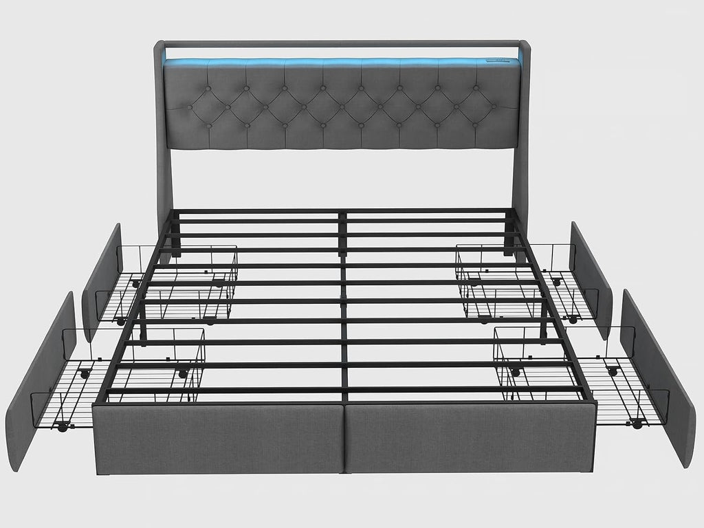 SADENICEL Queen Bed Frame with Storage Headboard, Metal Platform Bed Frame Queen Size with 4 Drawer, LED Light, Charging Station, No Box Spring Needed, Noise Free, Easy Assembly, Grey