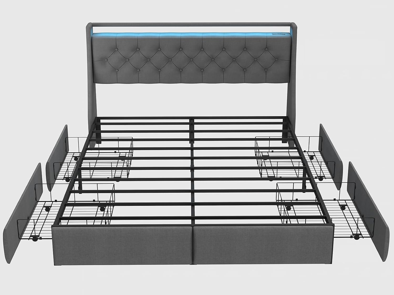 SADENICEL Queen Bed Frame with Storage Headboard, Metal Platform Bed Frame Queen Size with 4 Drawer, LED Light, Charging Station, No Box Spring Needed, Noise Free, Easy Assembly, Grey