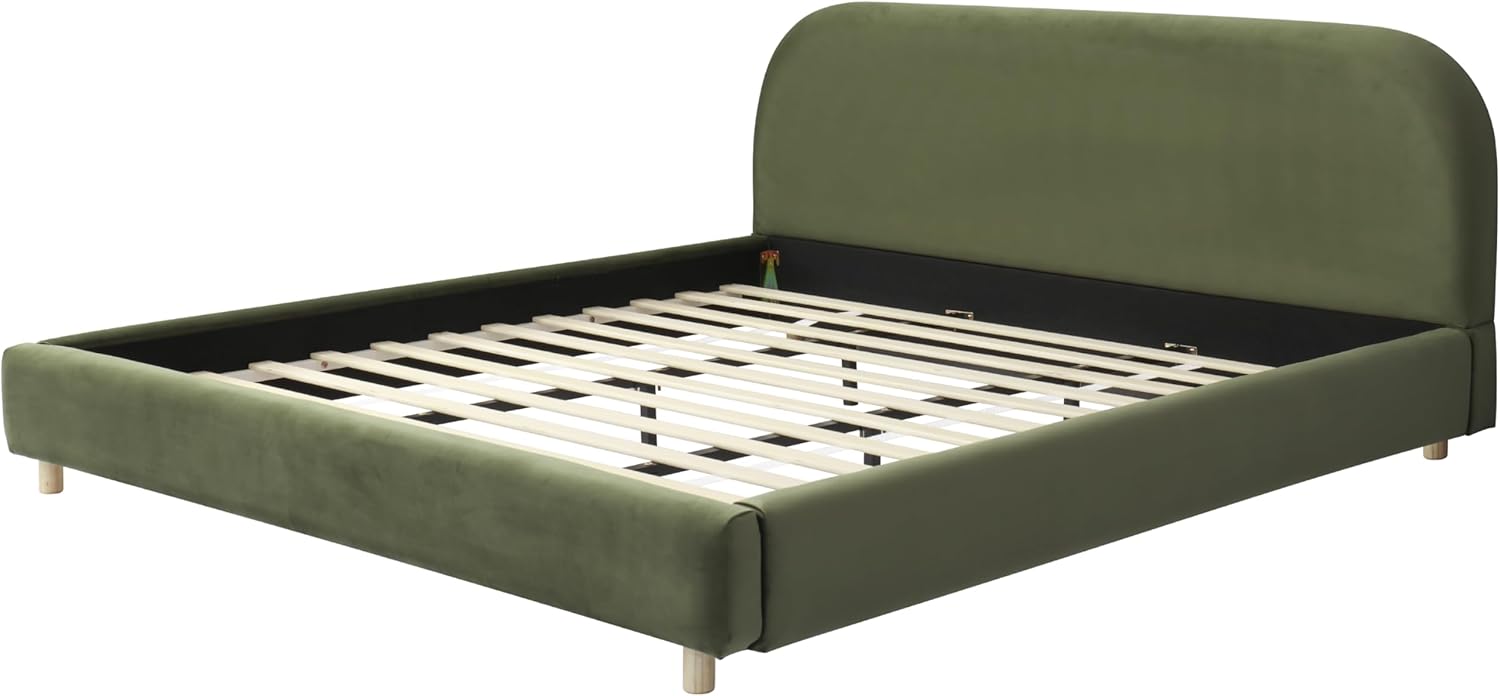 King Size Platform Bed with Curve-Shaped Design Headboard, Velvet Fabric Upholstered Platform Bed with Strong Support, Modern Bed Frame, No Box Spring Needed, Easy Assembly (Olive Green,King,8)