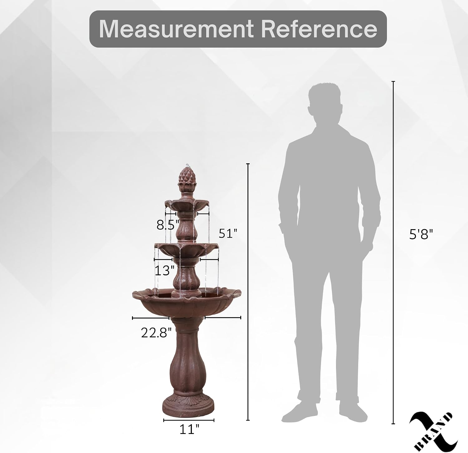 XBrand 51' 3-Tier Outdoor Waterfall Fountain, Weather-Resistant Resin Freestanding Water Feature with Pump, Brown